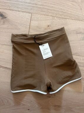 acacia swimwear Brown Textured High-Rise Ribbed Shorts with White Trim
